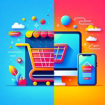 DALL·E 2024-02-07 18.55.45 - Create a colorful and minimalist image that juxtaposes a physical shopping cart with an ecommerce platform. The design should feature a bright and vib